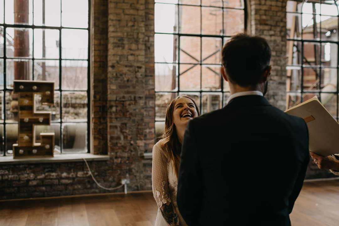 Happy couple saying their vows at the National Mining Museum, Scotland