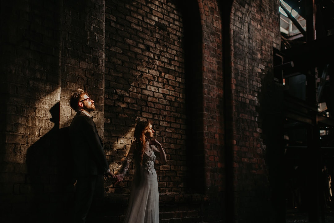 Dramatic photo of wedding couple at National Mining Museum wedding venue - scottish elopement photographer