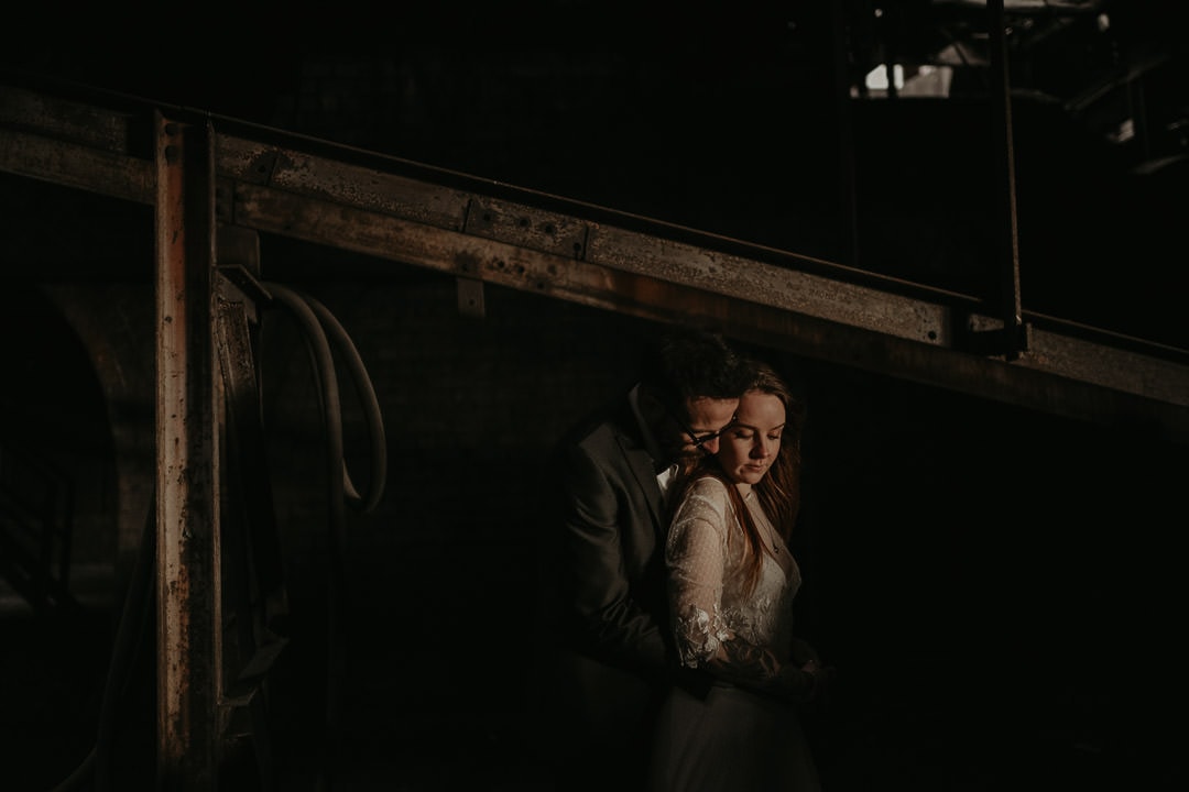 Dramatic photo of wedding couple at Mining Museum wedding venue - scottish elopement photographer