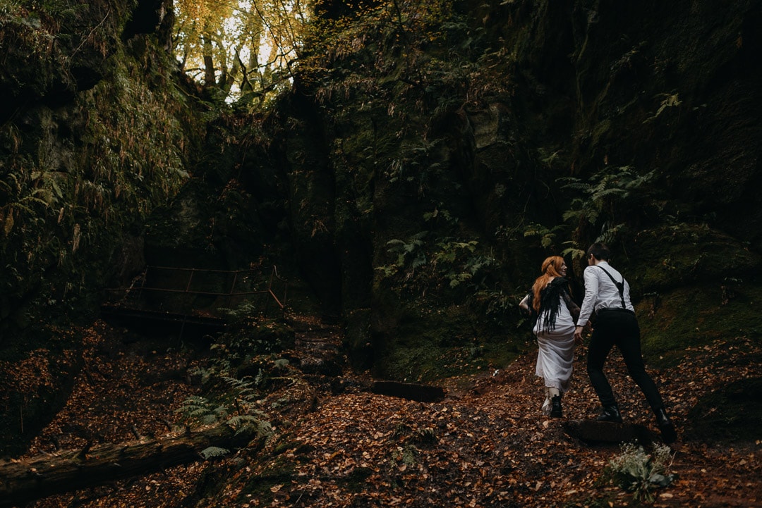 adventurous couple in Devil's Pulpit elopement in Scotland